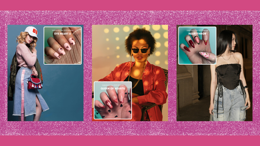 Cover image featuring the nail set and outfit inspiration pictures from the Eye Heart U, Queen of Hearts, and Heartthrob designs. The images are on a pink and sparkly background.